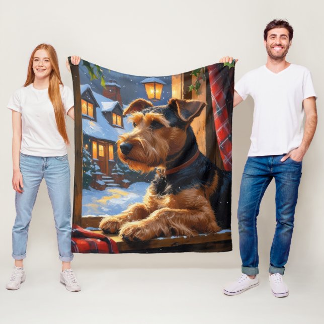 Airedale Terrier With Christmas Lights Holiday  Fleece Blanket (In Situ)