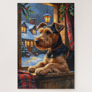 Airedale Terrier With Christmas Lights Holiday Jigsaw Puzzle
