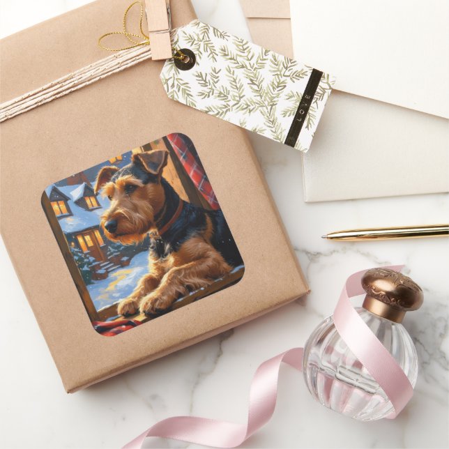 Airedale Terrier With Christmas Lights Holiday  Square Sticker (Gifting)