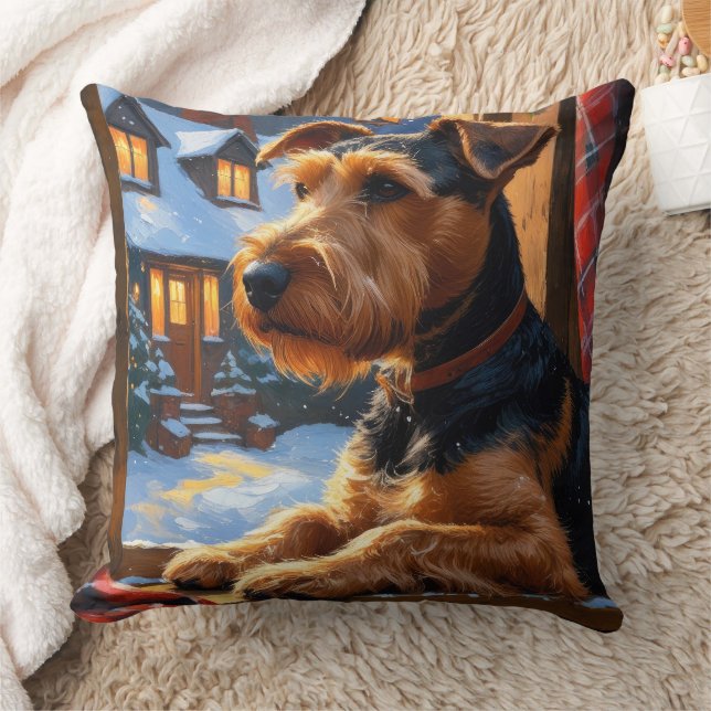 Airedale Terrier With Christmas Lights Holiday  Throw Pillow (Blanket)