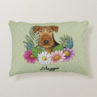 Airedale Terrier With Colorful Flowers And Name Accent Pillow