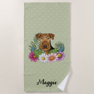 Airedale Terrier With Colorful Flowers And Name Beach Towel