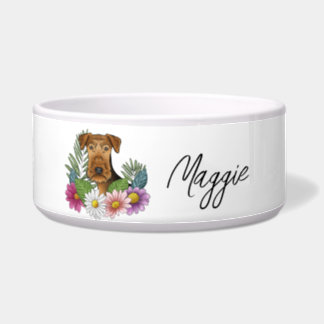 Airedale Terrier With Colorful Flowers And Name Bowl