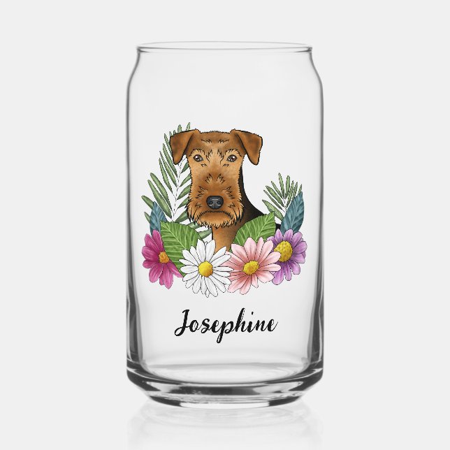 Airedale Terrier With Colorful Flowers And Name Can Glass (Front)