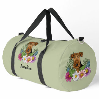 Airedale Terrier With Colorful Flowers And Name Duffle Bag