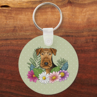 Airedale Terrier With Colorful Flowers And Name Keychain