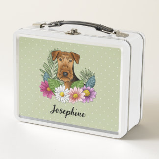 Airedale Terrier With Colorful Flowers And Name Metal Lunch Box