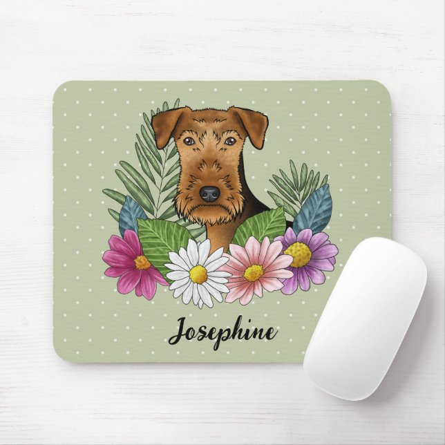 Airedale Terrier With Colorful Flowers And Name Mouse Pad (With Mouse)