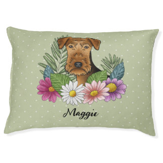 Airedale Terrier With Colorful Flowers And Name Pet Bed