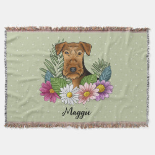 Airedale Terrier With Colorful Flowers And Name Throw Blanket