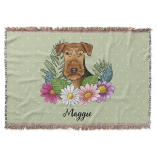 Airedale Terrier With Colorful Flowers And Name Throw Blanket