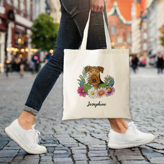 Airedale Terrier With Colorful Flowers And Name Tote Bag