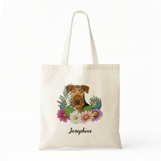 Airedale Terrier With Colorful Flowers And Name Tote Bag