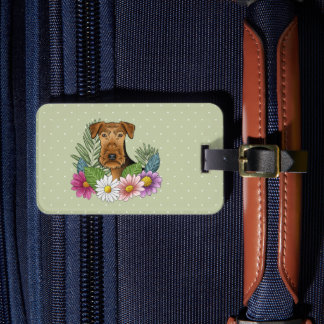 Airedale Terrier With Colorful Flowers And Text Luggage Tag