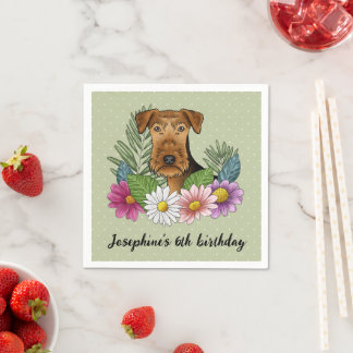 Airedale Terrier With Colorful Flowers Birthday Napkins