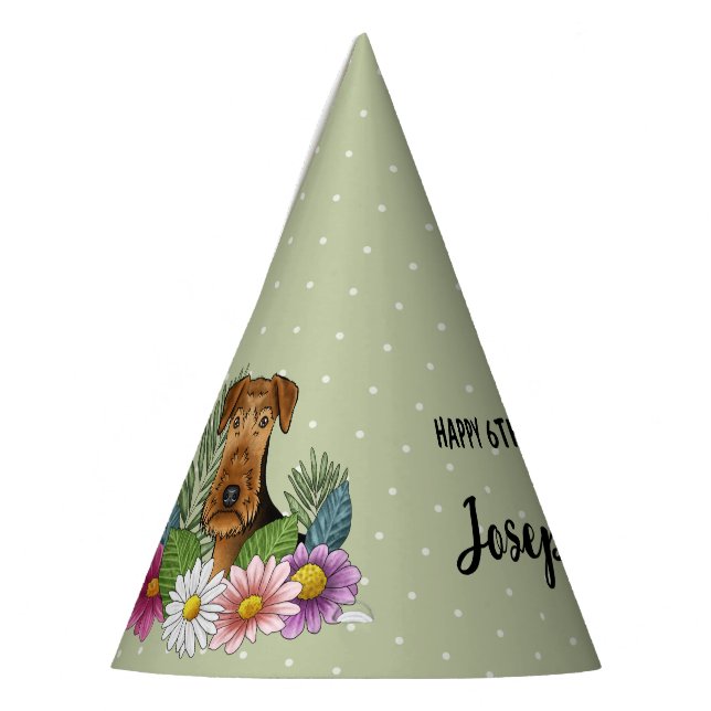 Airedale Terrier With Colorful Flowers Birthday Party Hat (Left)