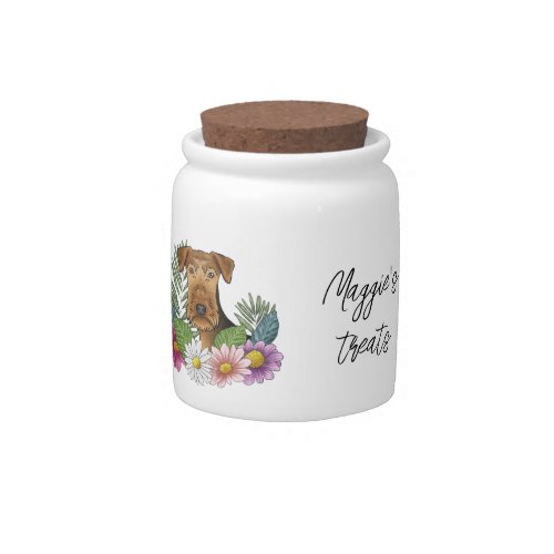 Airedale Terrier With Colorful Flowers Pet Treat Candy Jar