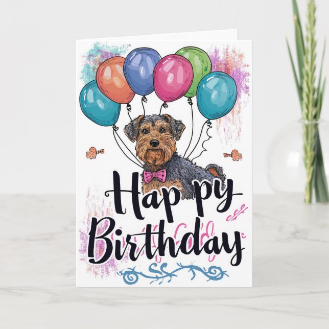 Airedale with Balloons Birthday Card (Front)