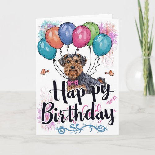 Airedale with Balloons Birthday Card