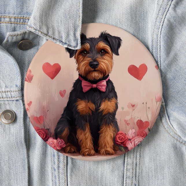 Airedale with Roses - Valentine's Day Button (In Situ)