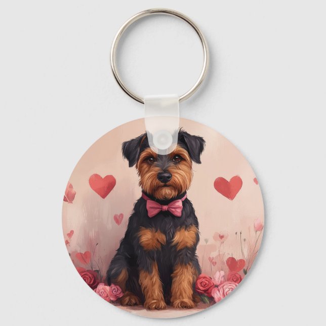 Airedale with Roses - Valentine's Day Keychain (Front)