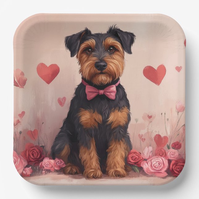 Airedale with Roses - Valentine's Day Paper Plates (Front)