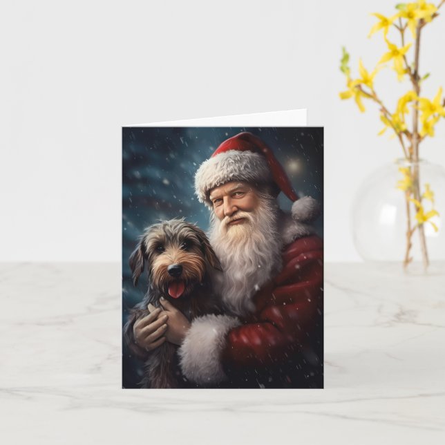 Airedale with Santa Claus Festive Christmas  Card (Yellow Flower)