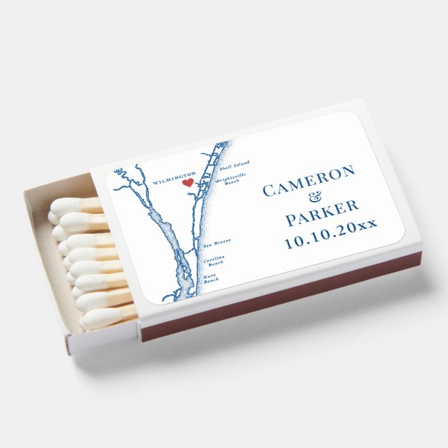 Airlie Gardens Wedding Wilmington Map Wedding Matchboxes (Front Open)