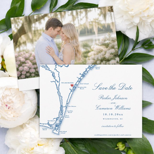 Airlie Gardens Wedding Wilmington NC Map Save The Date (Airlie Gardens Wedding Save the Date with Wilmington NC Map in navy blue by Coastal Map Designs)