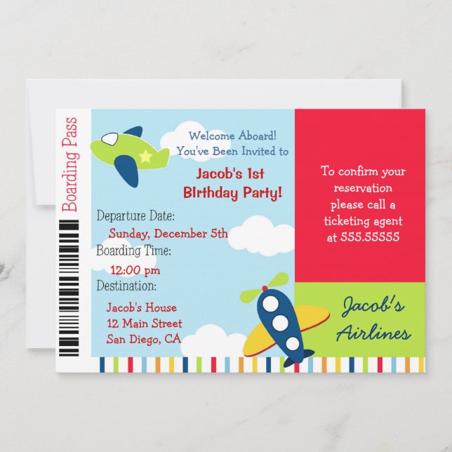 Airline Airplane Ticket Birthday Party Invitation (Front)