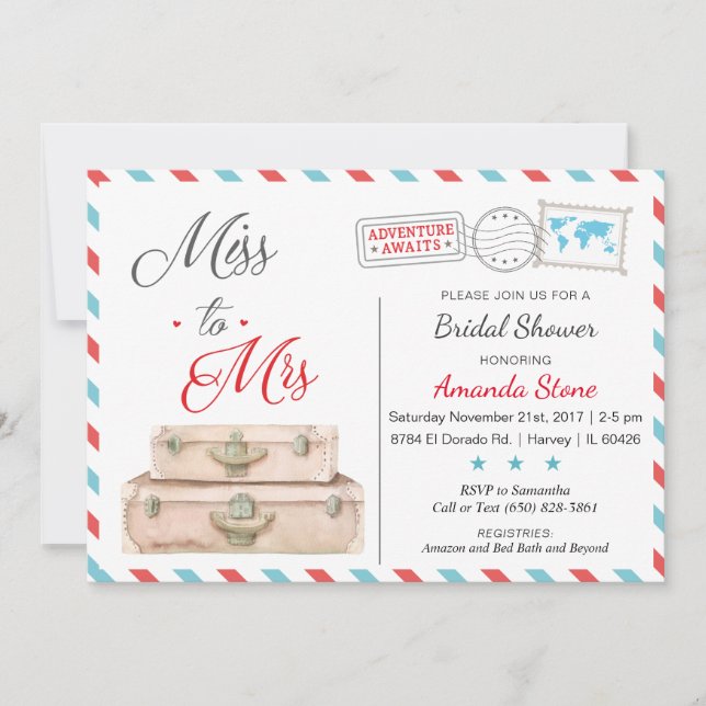 Airline Bridal Shower Invitations Red Blue Travel (Front)