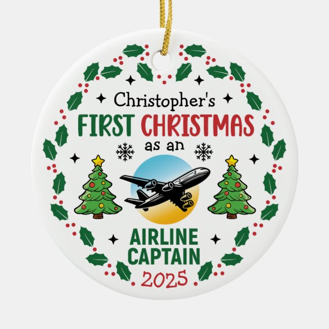 Airline Captain First Christmas Pilot Personalized Ceramic Ornament (Front)
