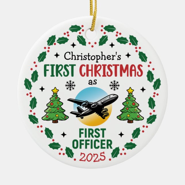 Airline First Officer Personalized Pilot Christmas Ceramic Ornament (Front)