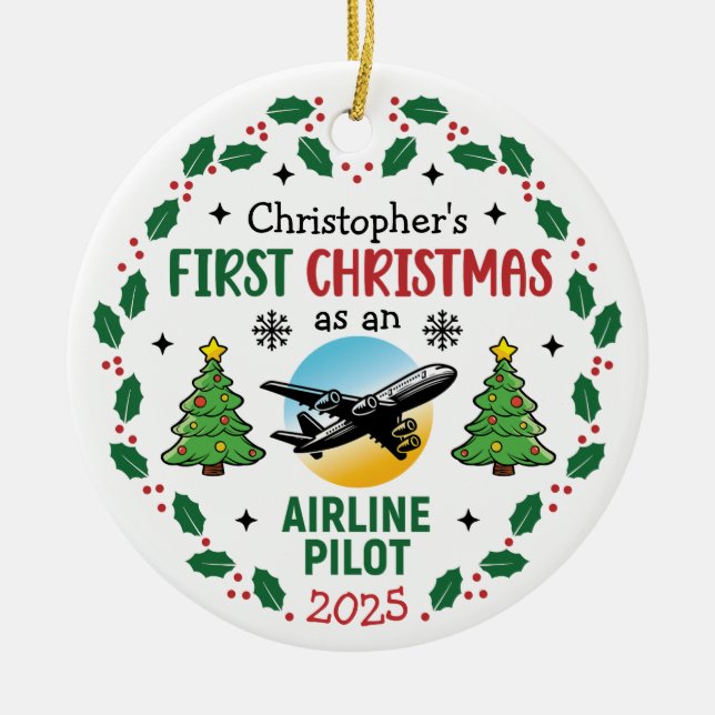 Airline Pilot First Christmas Personalized Ceramic Ornament (Front)