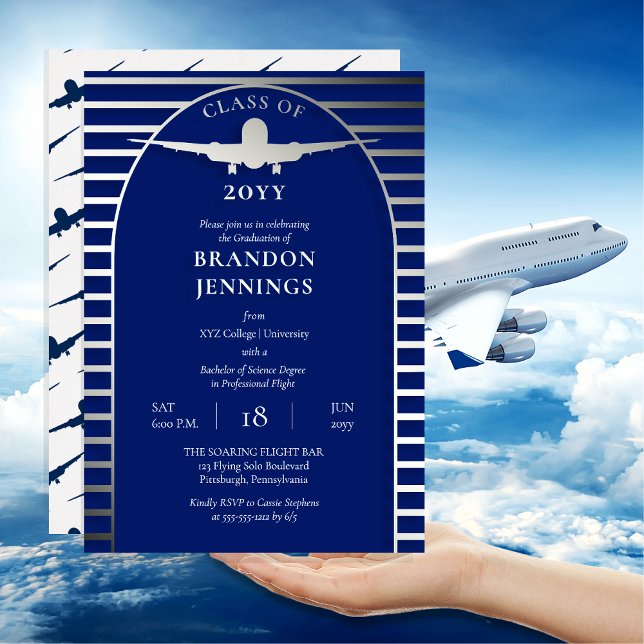 Airline Pilot Flight School College Graduation Foil Invitation (Airline Pilot Flight School College Graduation Announcement Invitation - Blue, White and Silver Foil)