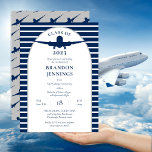 Airline Pilot Flight School College Graduation Invitation<br><div class="desc">Your favorite pilot getting ready to soar with the eagles? Celebrate your graduate's accomplishment in true aviation style with this blue, gray and white graduation party invitation design by Holiday Hearts Designs. The front features a background of blue and white stripes with a center arched white panel with a gray...</div>