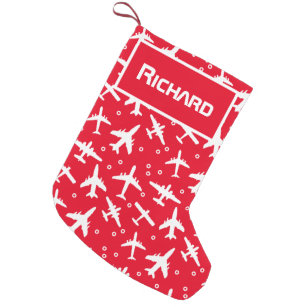 Boys Cute Blue Airplane Travel Design and Name Small Christmas Stocking