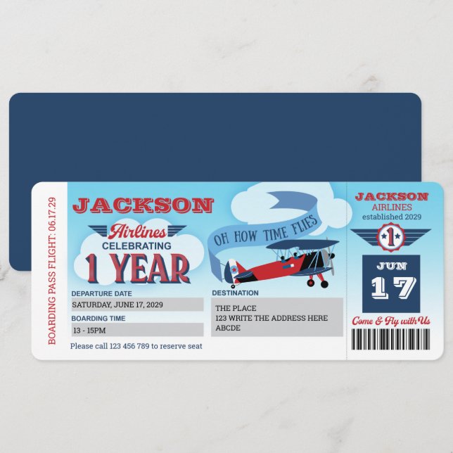 Airline, Plane Ticket, Boarding Pass, 1st Birthday Invitation (Front/Back)