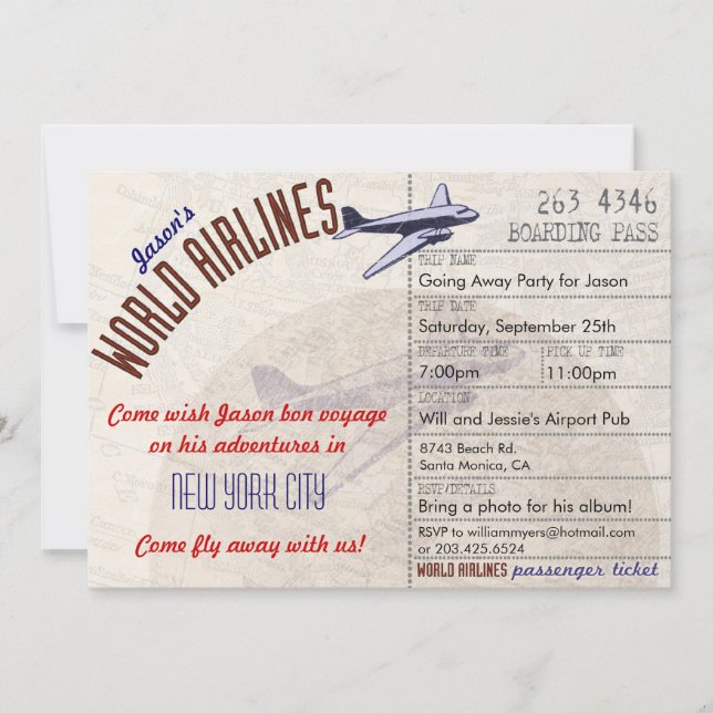 Airline Ticket Bon Voyage Party Invitation (Front)