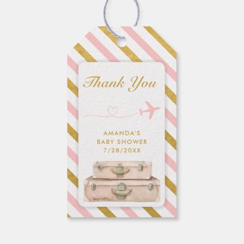 Airline Travel Baby Shower Pink Gold Chic Suitcase Gift Tags