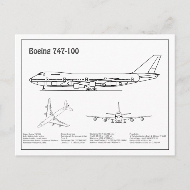 Airliner 747 - Airplane Blueprint Drawing Plans BD Postcard (Front)
