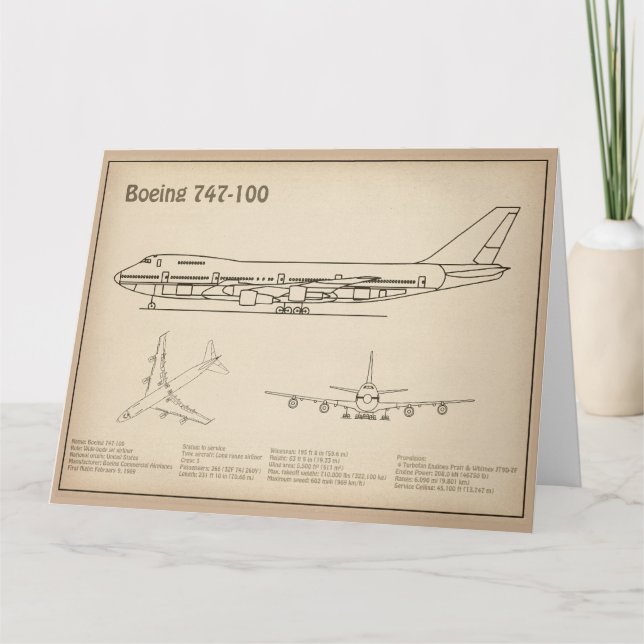 Airliner 747 - Airplane Blueprint Drawing Plans SD Thank You Card (Front)