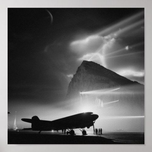 Airliner Silhouetted by Searchlights _ WWII Poster
