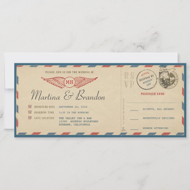 Airmail Boarding Pass Wedding Invitation (Front)
