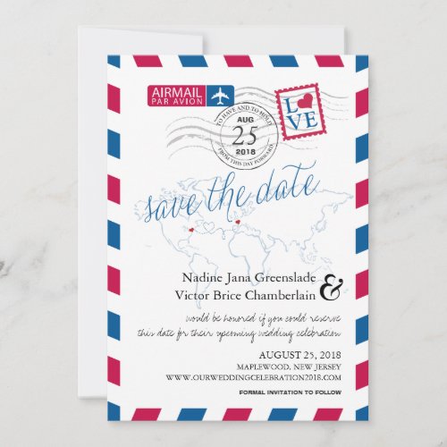 Airmail Heart New Jersey and France Save the Date