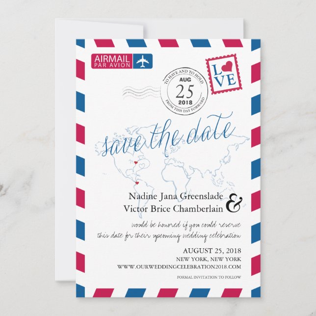 Airmail Heart New York and Colombia Save the Date (Front)