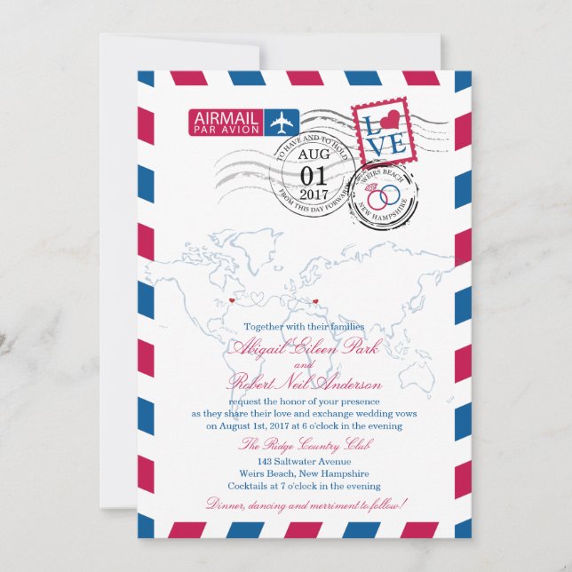 Airmail Heart USA and Macedonia Wedding Invitation (Front)
