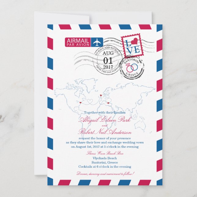 Airmail New York, Scotland and Greece Wedding Invitation (Front)