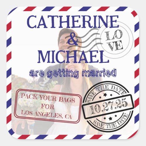 Airmail Photo Save The Date Wedding  Square Sticker