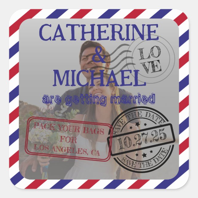 Airmail Photo Save The Date Wedding  Square Sticker (Front)